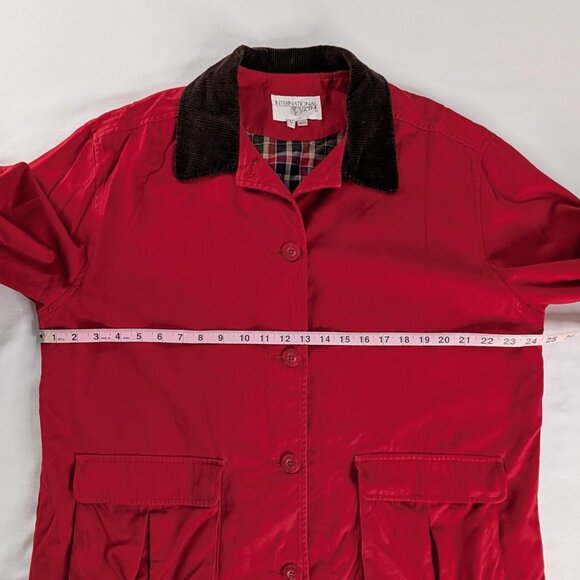 VTG Red Brown Corduroy Collar Cuff Sleeve Pocket Button Up Barn Coat Plaid Lined - Picture 4 of 8